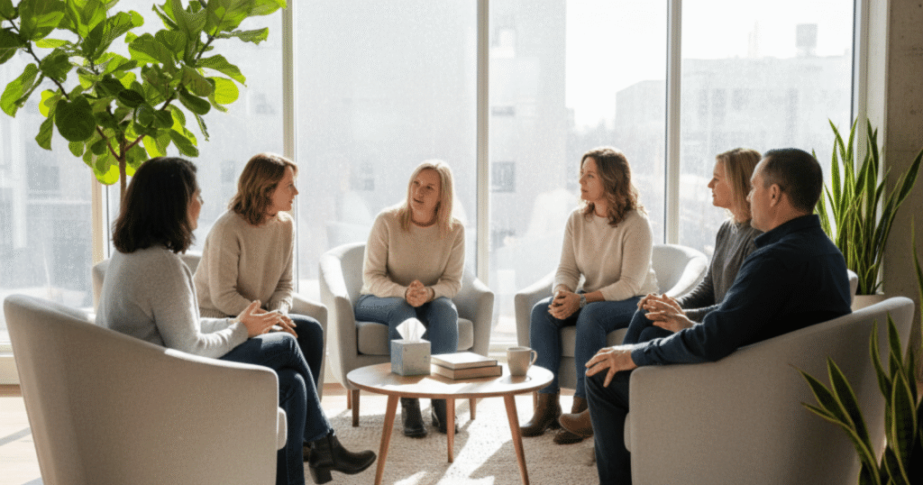 A diverse group therapy session in a bright, modern outpatient facility, showing a supportive and collaborative environment for mental health recovery.