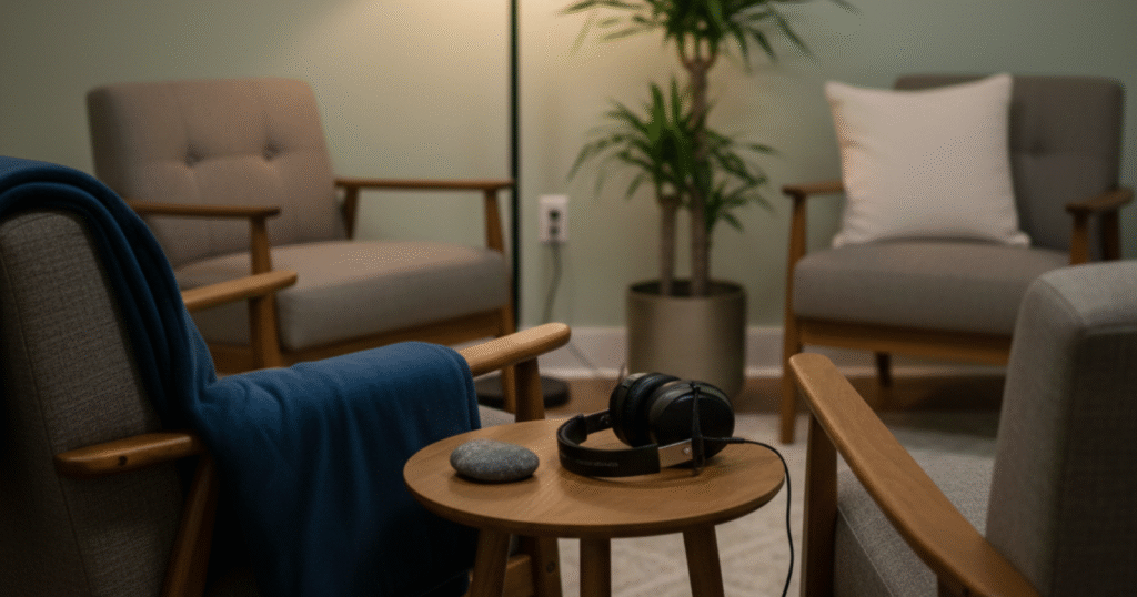 serene, dimly lit therapy room featuring a mid-century modern armchair, a soft blue weighted blanket, noise-canceling headphones on a wooden side table, and a warm floor lamp creating a calming, neuro-affirming atmosphere.