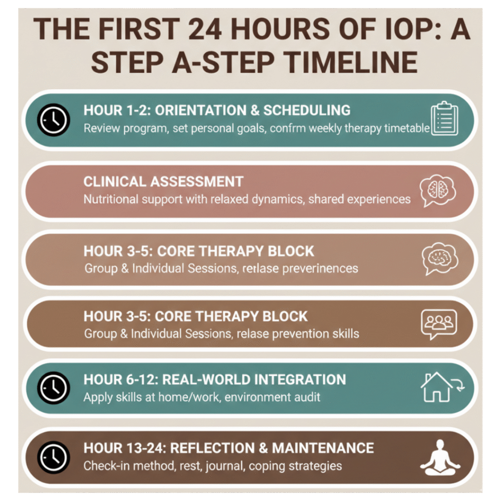 A vertical timeline titled "The First 24 Hours of IOP: A Step-by-Step Timeline.