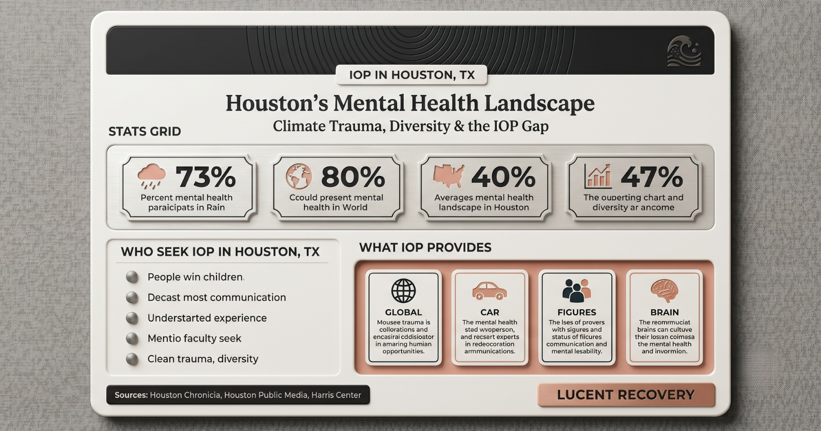 An infographic dashboard detailing Houston's mental health landscape, highlighting data on climate trauma, diversity, and IOP care.
