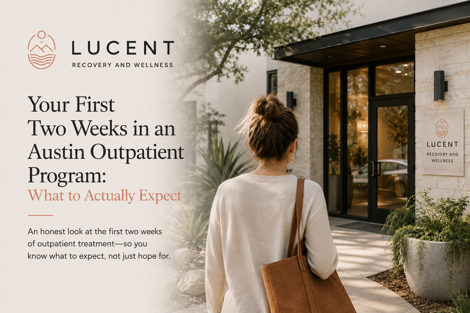 Modern Austin outpatient mental health clinic entrance with a welcoming, calm atmosphere, representing the first two weeks of outpatient treatment.