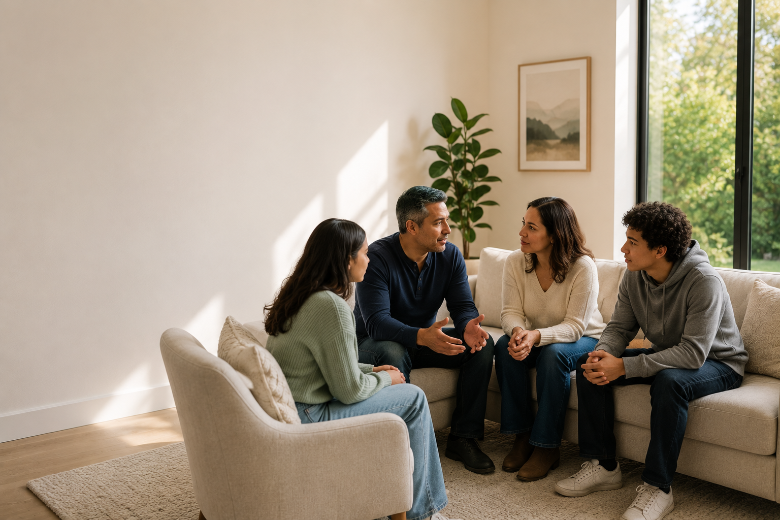 Two family members sitting together in conversation in a quiet, comfortable setting.